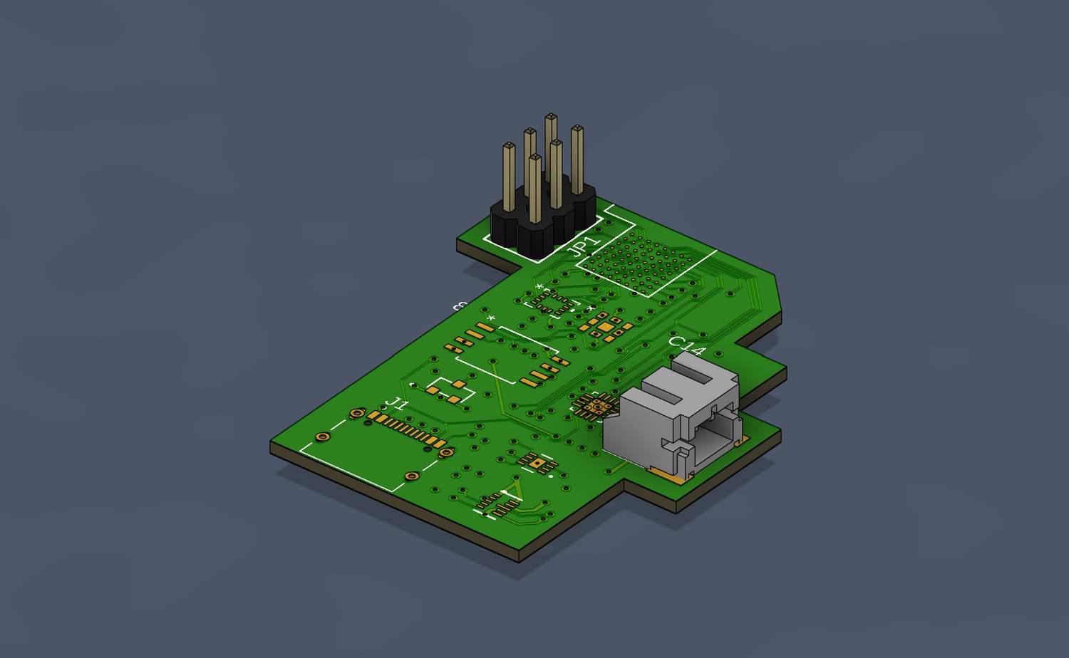 3D design render of the first Slingshot circuit board, showing the board outline, debug header, and USB-C connector.