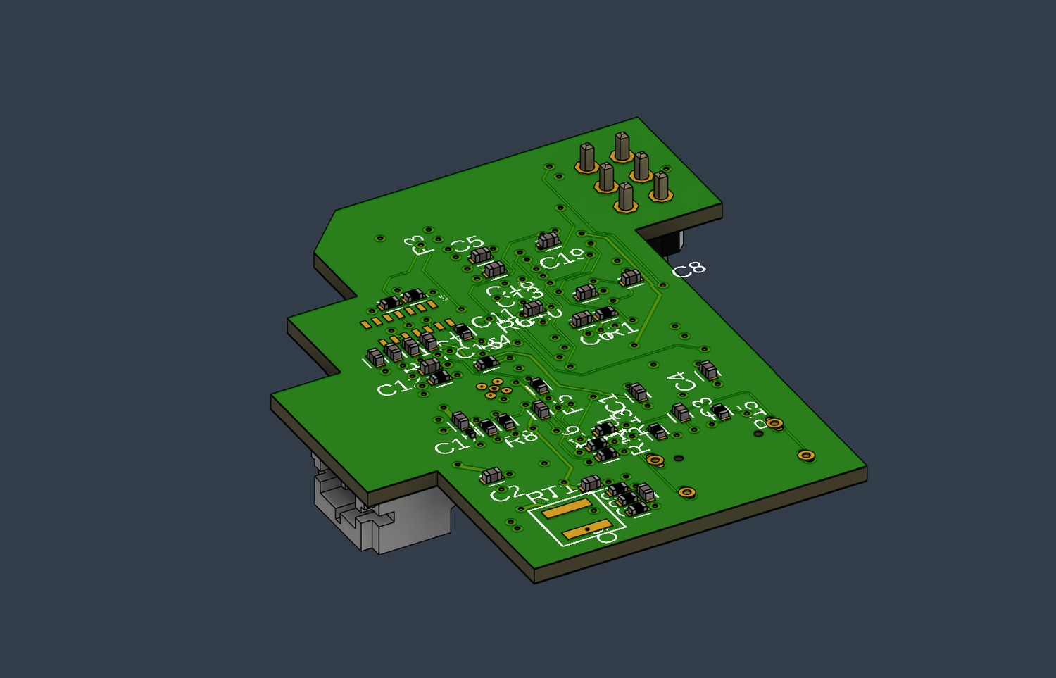 3D design render of the Slingshot board from the reverse angle, showing component placement.